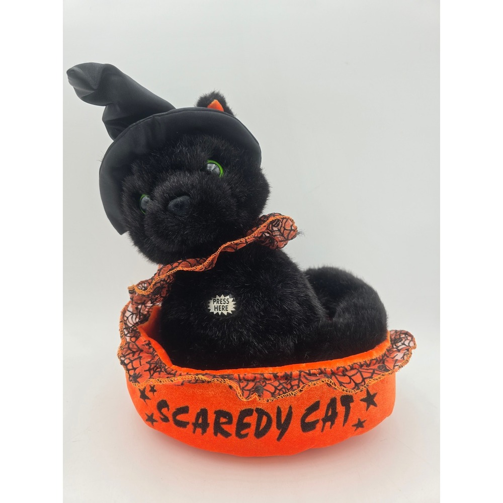 Dan Dee Scaredy Cat Animated Halloween Plush Black Cat Witch Hat Orange Pumpkin